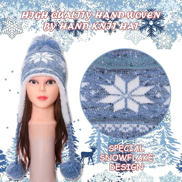 Women Sky Blue Pompom Long Ear Straps Beanie Warm Fleece Lined Ski Hats Cap main image 6
